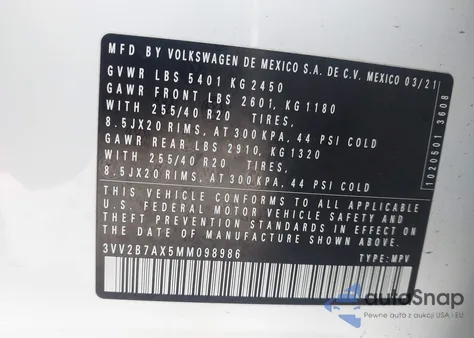 2021 Volkswagen Tiguan Se/Se R-Line Black/Sel from USA, damaged, VIN 3VV2B7AX5MM098986